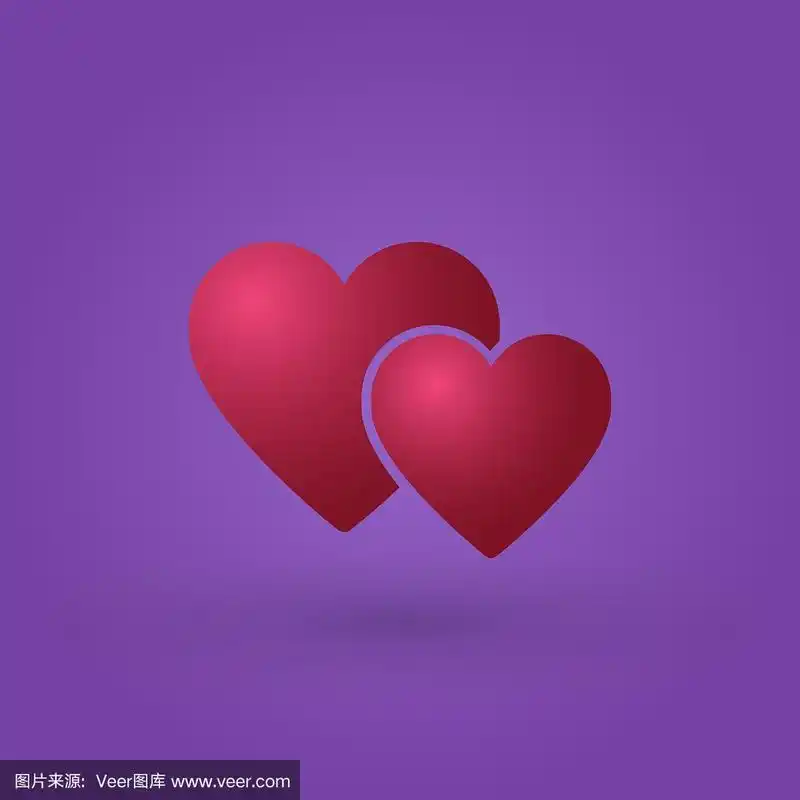 两颗心的象征,一起象征爱情的红色.矢量插图孤立在紫色的背景.