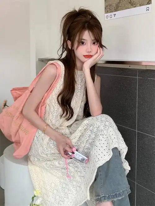 夏季新款小个子开叉镂空叠穿针织裙子女装气质度假背心连衣裙 - 17网