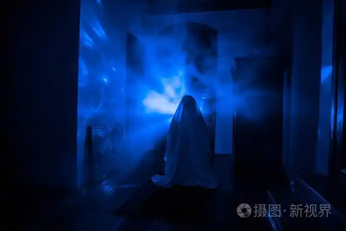 带镜子的黑暗房间里鬼的恐怖轮廓. 可怕的万圣节概念.