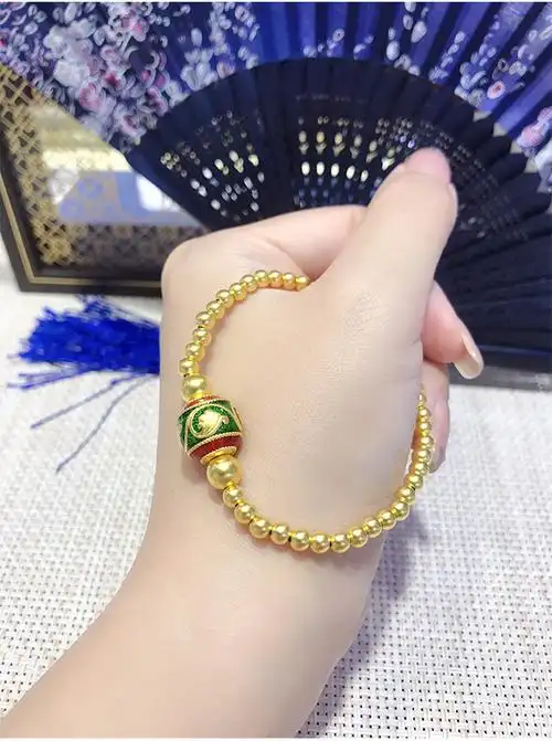 福韵礼 高温烧蓝黄金转运珠手链4mm古法金珠手串女款999足金磨砂珠子
