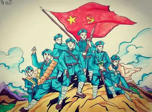 品字形的构图使画面稳重,也象征红军战士众志成城坚不可摧的意志