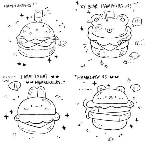 汉堡包美食黑白ins简笔画丨手账手绘素材