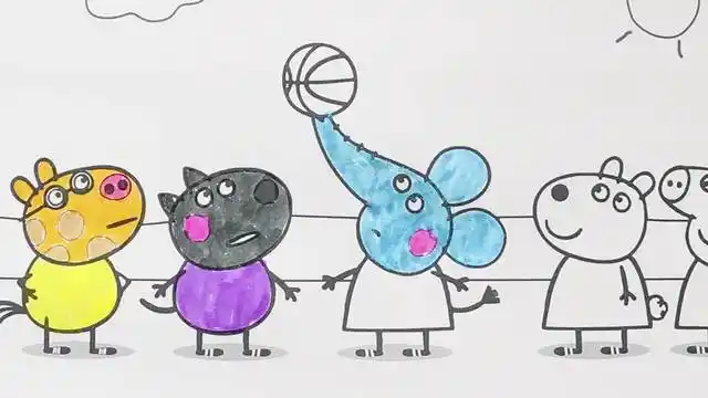 小猪佩奇涂色绘画:小象艾米丽顶七彩的篮球