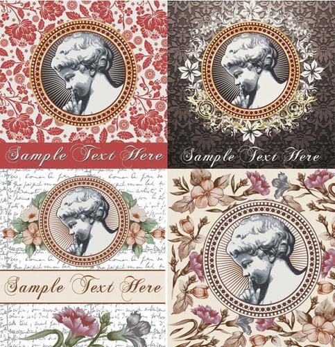 欧美复古典宫廷风vintage丘比特天使碎花背景海报矢量素材a412
