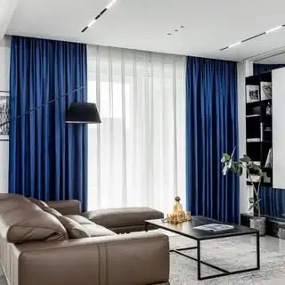 窗帘绒面轻奢遮光窗帘成品 客厅卧室落地窗阳台窗帘布 荷兰绒宝蓝色