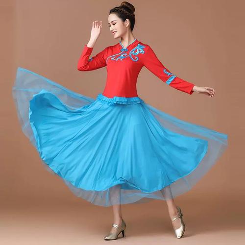 正红广场舞服装女藏舞古典民族舞大摆裙中老年长袖舞蹈服长裙新款
