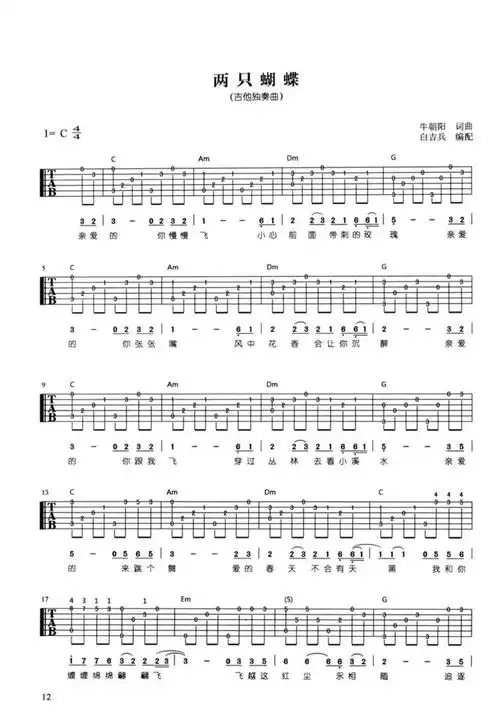庞龙两只蝴蝶吉他谱c调吉他独奏谱