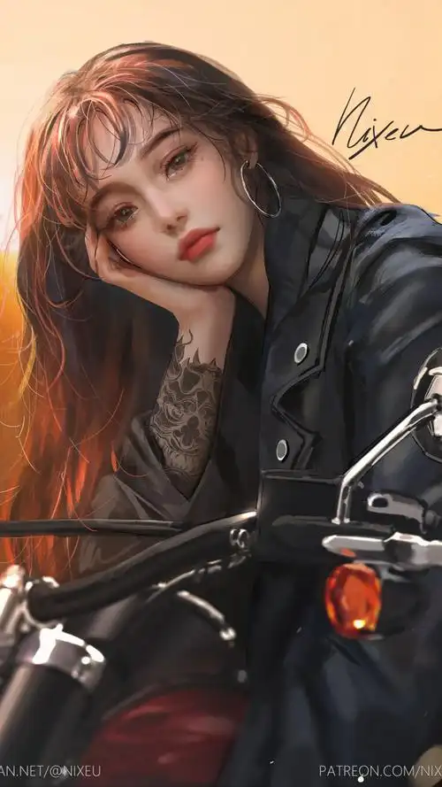 机车少女,单手托腮坐在摩托车上的_手机壁纸_动漫卡通手机壁纸_我要