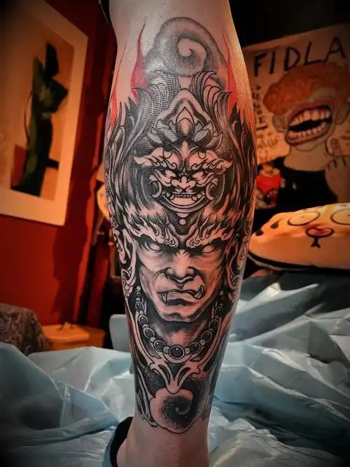 金昌纹身  #阿修罗  #男生纹身  #黑灰纹身  #小腿纹身