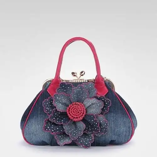qkc1109中国风牛仔布立体花朵手提包包