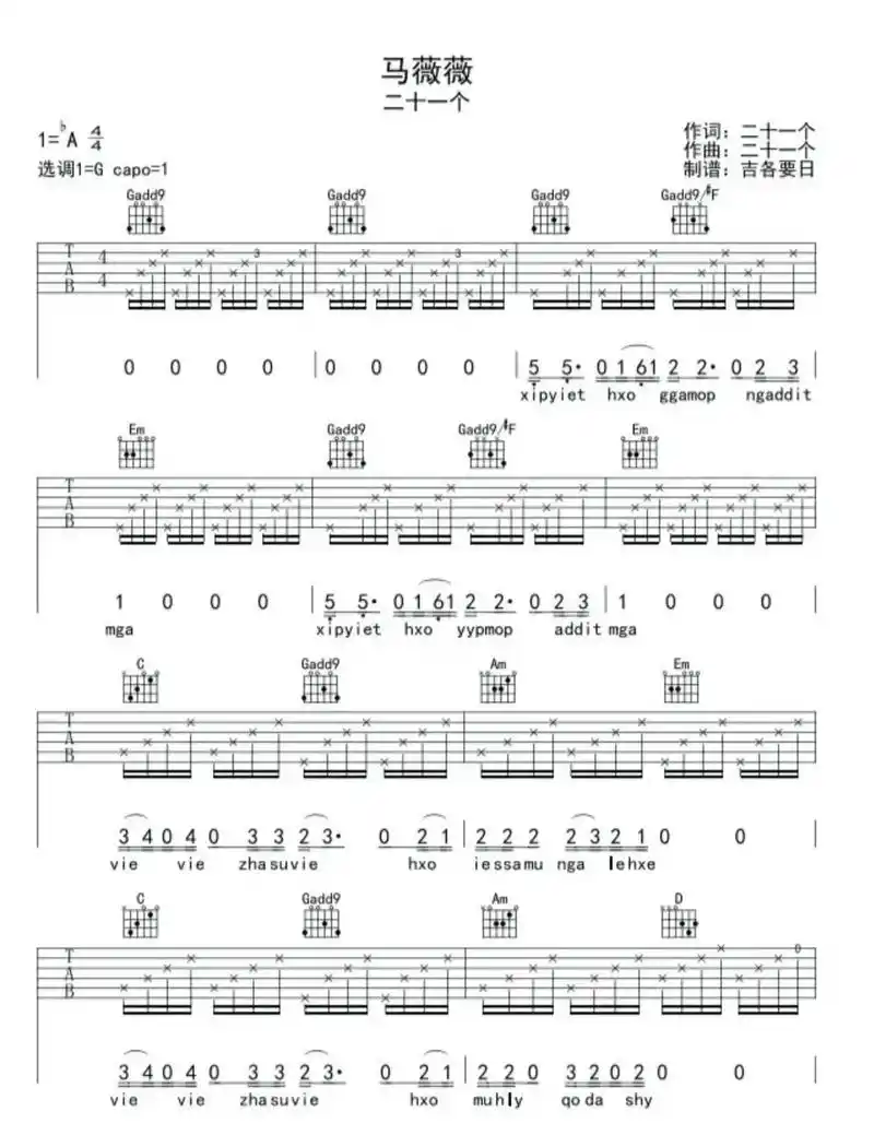 马薇薇吉他谱#彝族歌曲 #吉他谱分享 #吉他教学  - 抖音