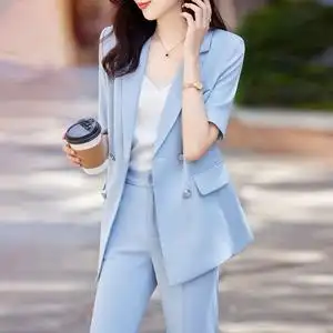 浅蓝色短袖西装外套女夏季薄款时尚气质女神范职业装套装西服夏款