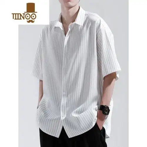 yanxu条纹短袖衬衫男宽松夏季冰丝薄款休闲感衬衣半袖百搭男士寸衣
