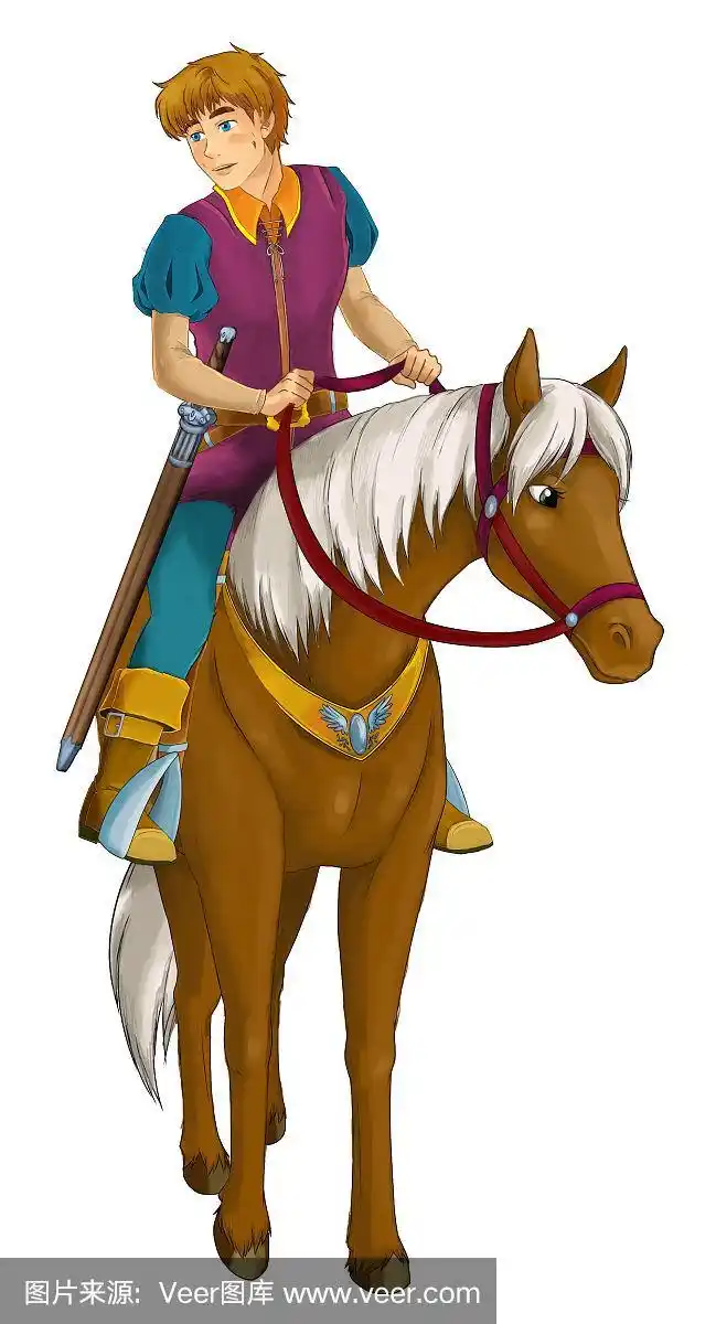 白色背景上王子骑马的卡通场景