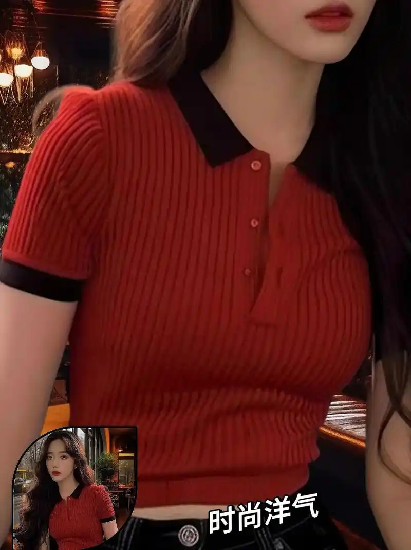 时尚洋气红色polo领针织短袖