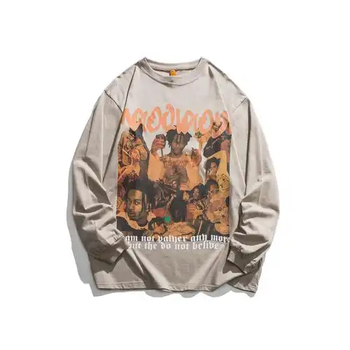 高街嘻哈说唱人物印花长袖t恤秋季男hiphop宽松纯棉上衣欧美潮牌