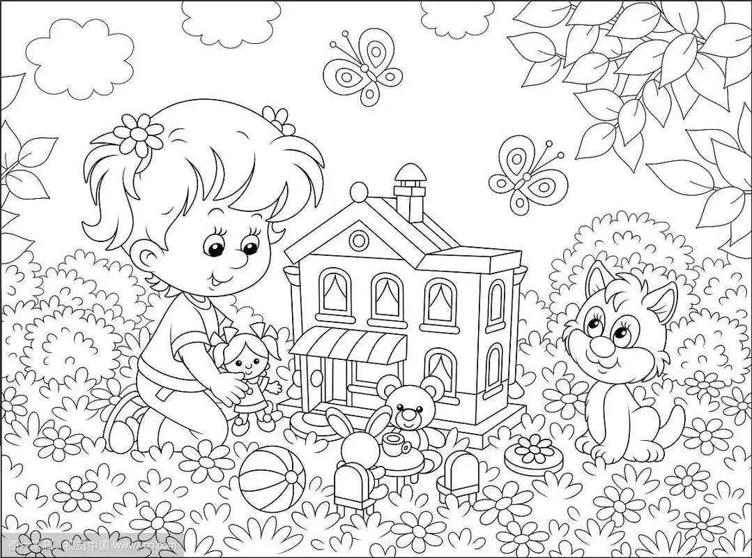 女孩在玩洋娃娃和玩具屋