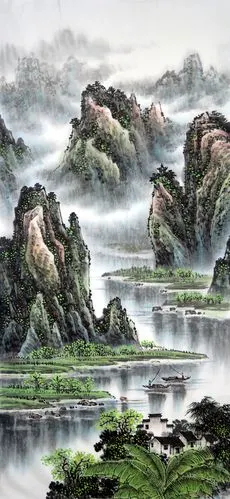 画面上高山巍峨,山石参差,树木繁茂,流水浩荡.