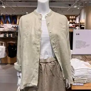 无印良品女士春夏进口法国亚麻衬衫方领商务长袖衬衣薄款女装上衣50人