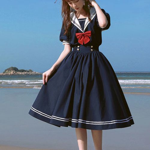 礼服女18嵗裙子学生连衣裙夏季新款日系甜美海军领蝴蝶结收腰 藏青色