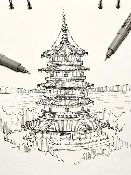画画  #速写  #针管笔画  #素材  #写生  #钢笔淡彩  #杭州  #雷峰塔