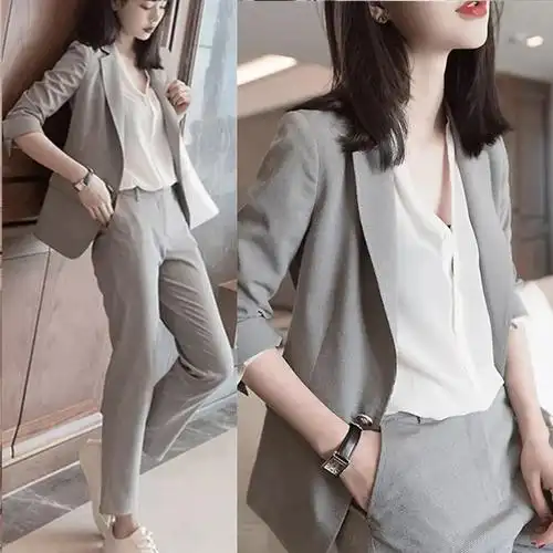 御姐洋气上班族职业女装女小西装外套小个子套装春夏女气质两件套