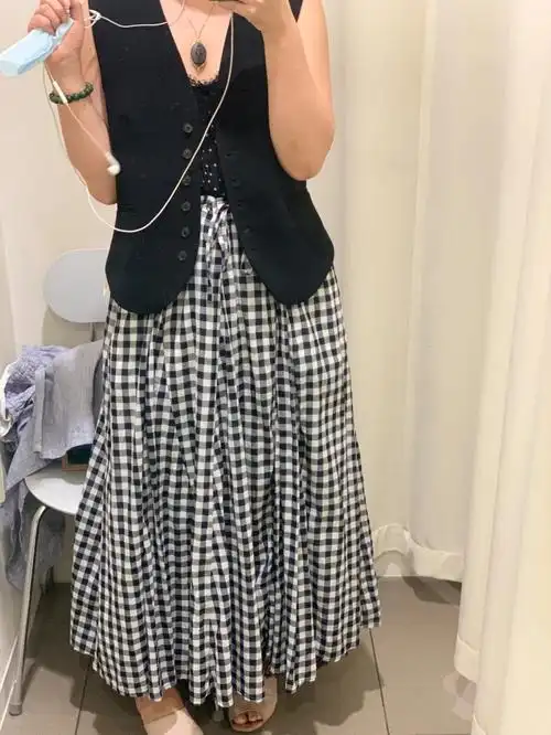 无印良品格纹轻便裙