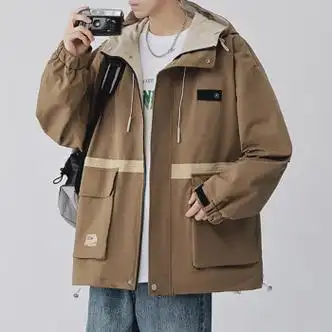 弘讯工装冲锋连帽衣外套男士春秋季新款休闲夹克潮牌流宽松男生上衣服