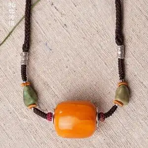 柏世传恒 稀有天然精品鸡油黄老蜜蜡桶珠吊坠 老绿松绳艺手工项链