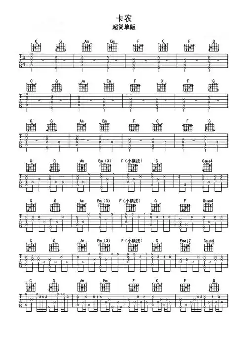 《卡农》吉他谱指弹超简单版