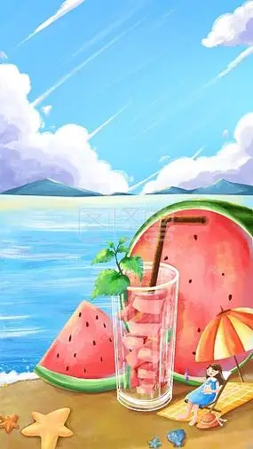 图怪兽原创元素夏季西瓜海边沙滩人物海卡通可爱祝福蓝色活动宣传手机