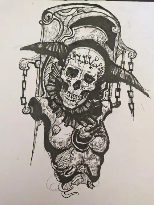 手绘摸鱼84黑白插画骷髅附过程