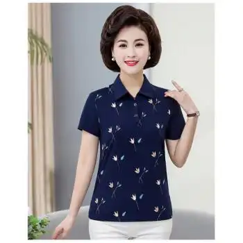 带领子的妈妈女士翻领t恤中老年人40-50岁妇女有领反领戴领女装短袖衫