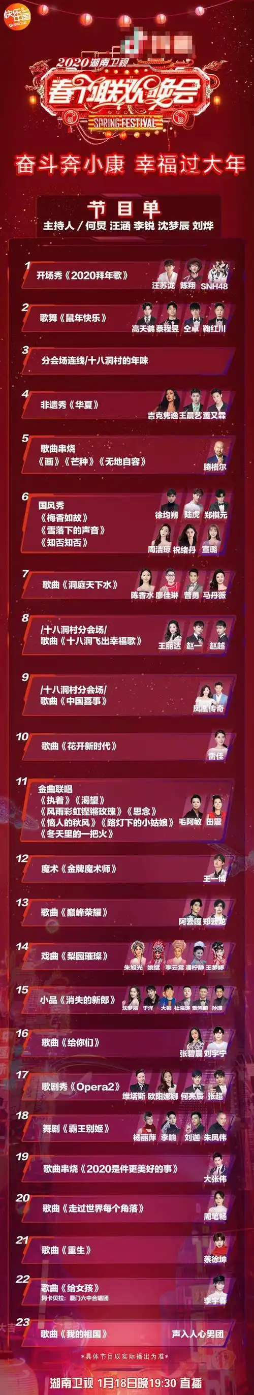 湖南卫视春晚节目单:腾格尔唱芒种