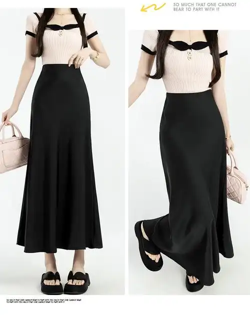 实拍半身裙女夏季新款松紧高腰缎面丝滑鱼尾裙中长款a字包臀长… - 17