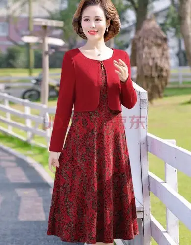 新品雪纺50岁洋气妈妈装装春秋薄款长袖裙子喜庆婚礼女长裙 红色 3xl