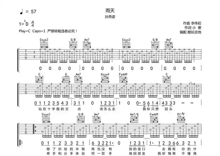 孙燕姿《雨天》吉他谱 - c调弹唱六线谱第1张
