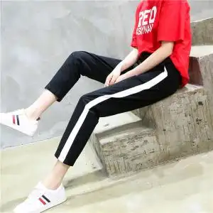 运动裤女宽松直筒九分裤中学生2020春秋薄款侧条纹显瘦休闲哈伦裤