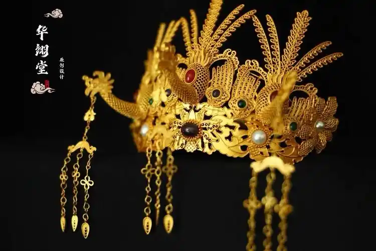 租赁华翊堂原创重工仿花丝新娘三凤流苏冠宋制明制大婚凤冠