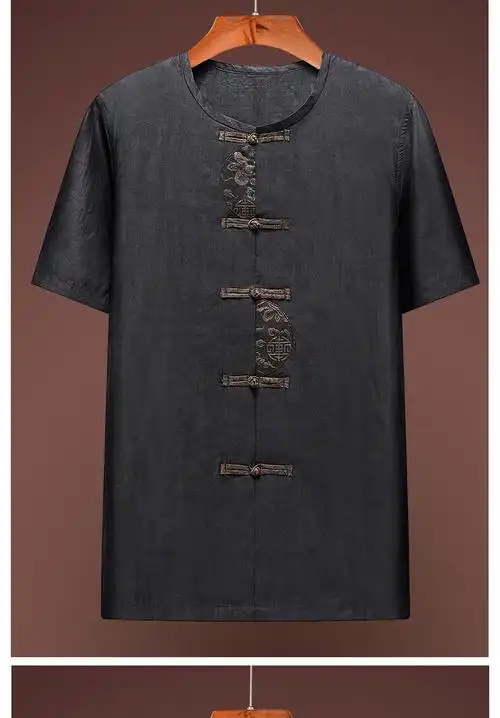 拾福唐装男夏季重磅真丝香云纱男装莨绸短袖衬衫男士中国风丝绸夏装