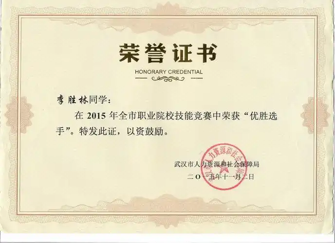 2015武汉市职业院校技能竞赛荣誉证书-武汉软件工程职业学院