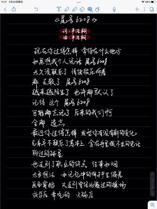 ipad手写严浩翔尾号6208歌词