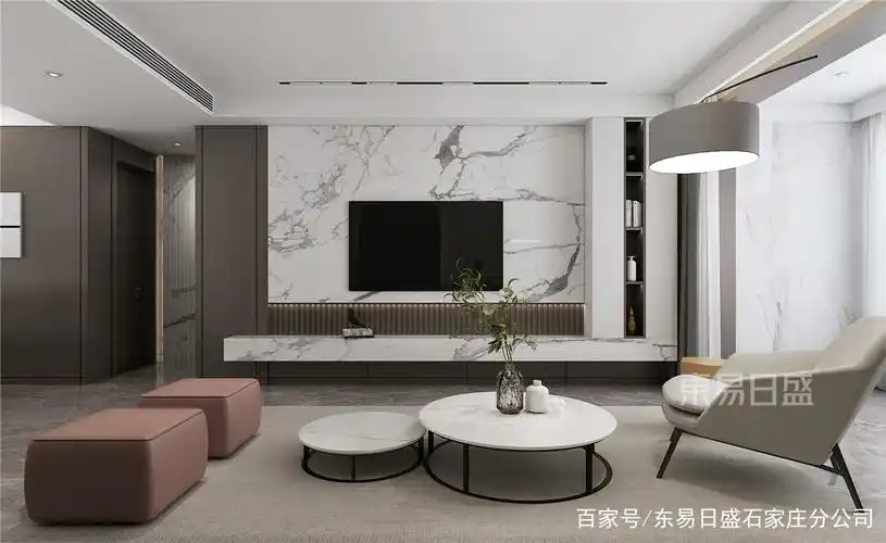 大理石背景墙简洁美观,不失格调,考虑到格栅的可塑性较强,用来搭配