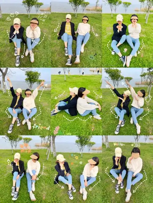 出游闺蜜照草坪双人合影草坪合影