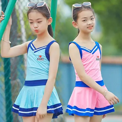 儿童泳衣女孩中大童学生运动温泉泳装大码保守平角连体裙式游泳衣