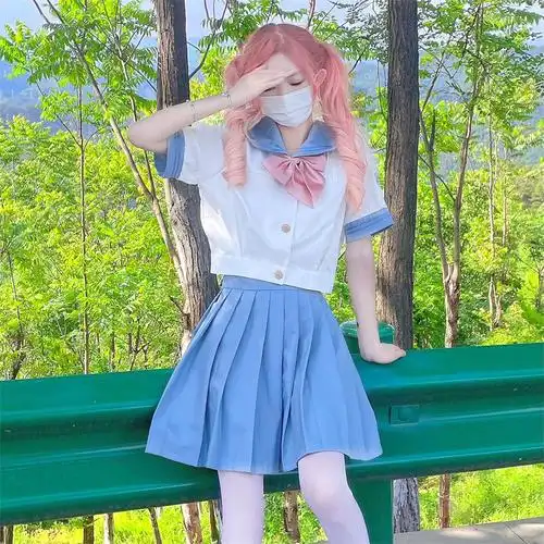 实拍现货短袖套装蓝色水手服中间服jk制服学院风基础款 - 17网