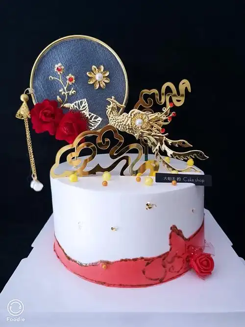 国风铁艺圆环凤凰龙踏祥云中式蛋糕节日装扮用品