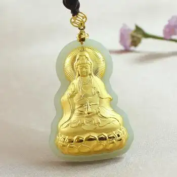 天然金镶玉观音吊坠男士款和田玉观音菩萨吊坠玉石观音挂件带证书中号
