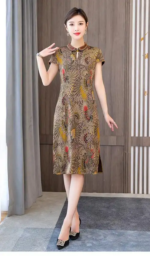 实拍碎花真丝连衣裙女夏新款2023短袖收腰显瘦中年妈妈桑蚕丝裙子