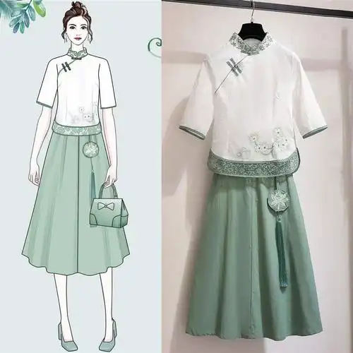 单套装汉服女学生古风夏季两件套复古唐装中式改良版中国风裙子